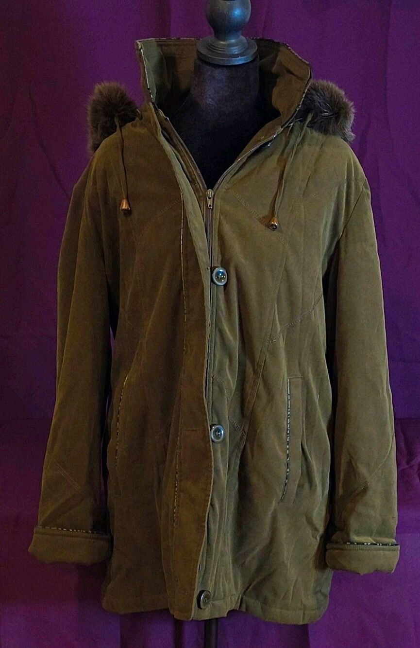 Tradition Arctic Warmth Hooded Parka Coat Faux Fur Trim Zip/Button Green S